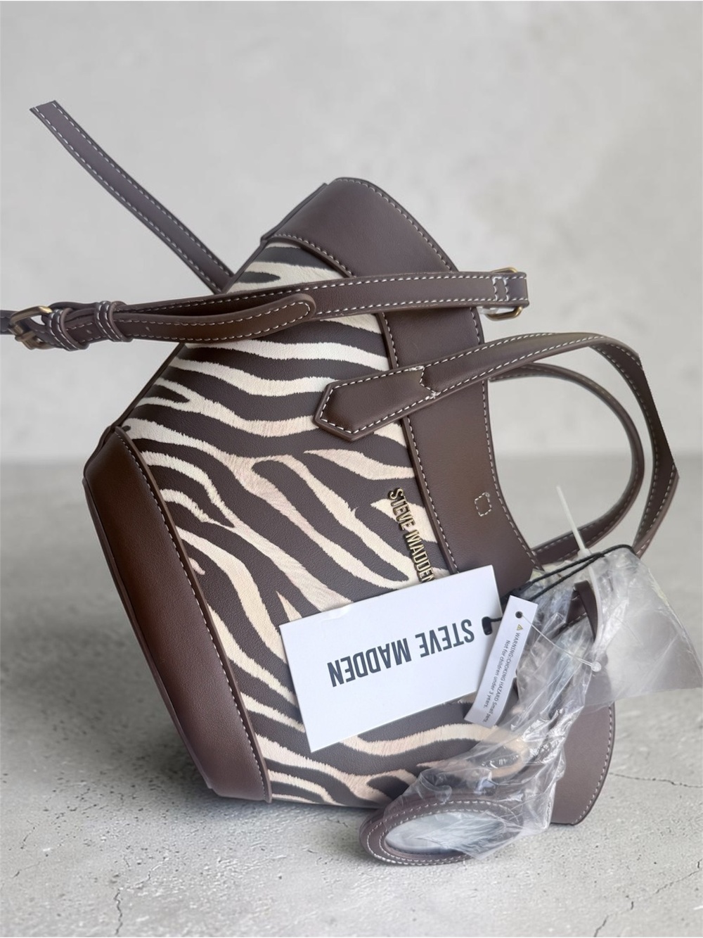 Steve Madden Brown and Cream Zebra-Print Satchel with Gold Logo